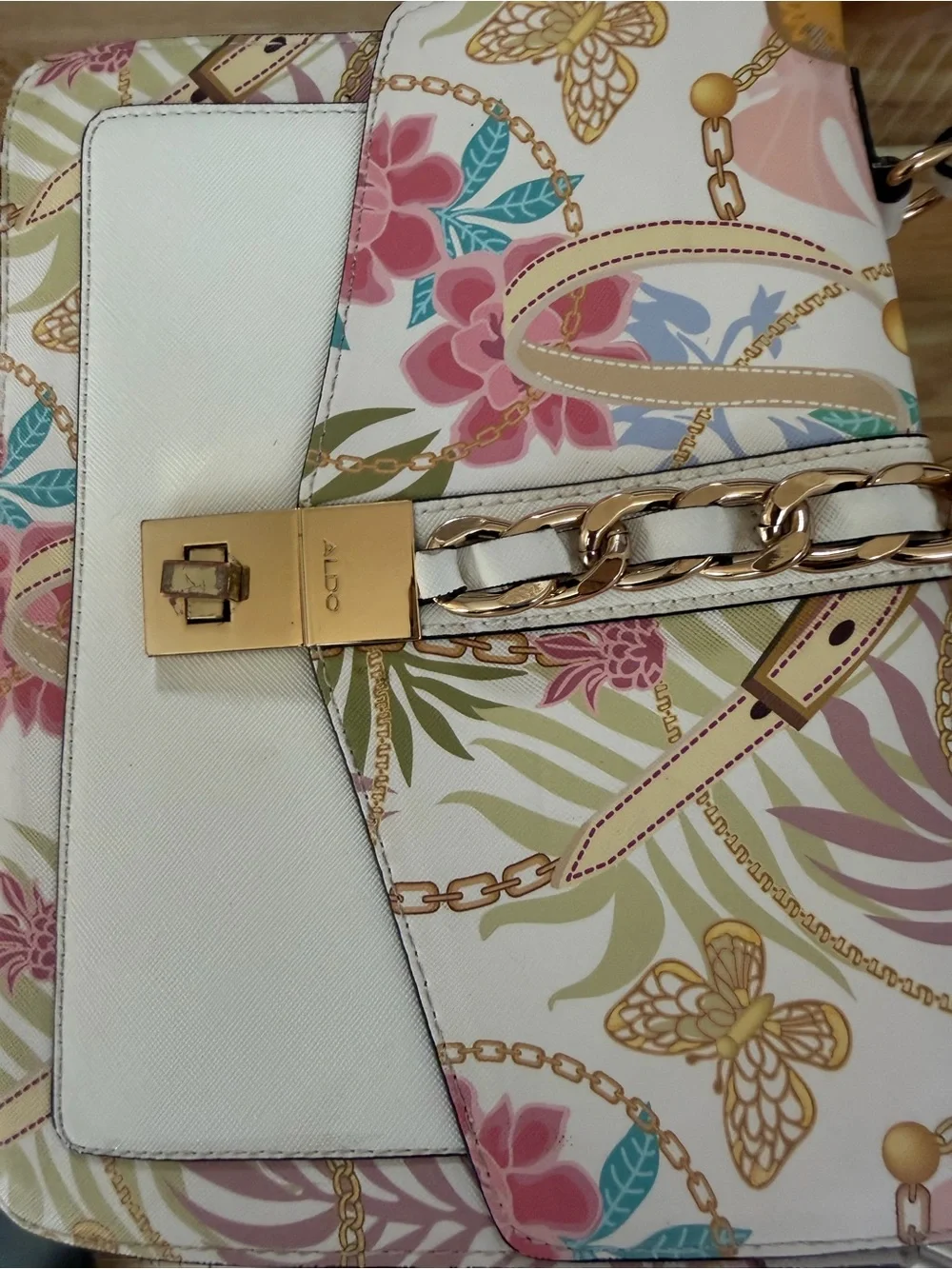 Aldo White Floral Print Crossbody Satchel with Gold Lock